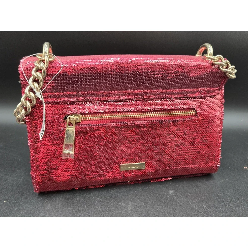 Aldo Red Sequent Handbag W/ Yellow Metal Chain Adjustable‎ Evening Event Purse